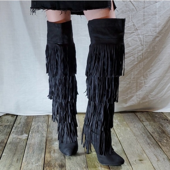Black 4 Layer Fringe Stiletto Over the Knee Boots Catwalk Sexy 6M NWOT - Picture 1 of 11
